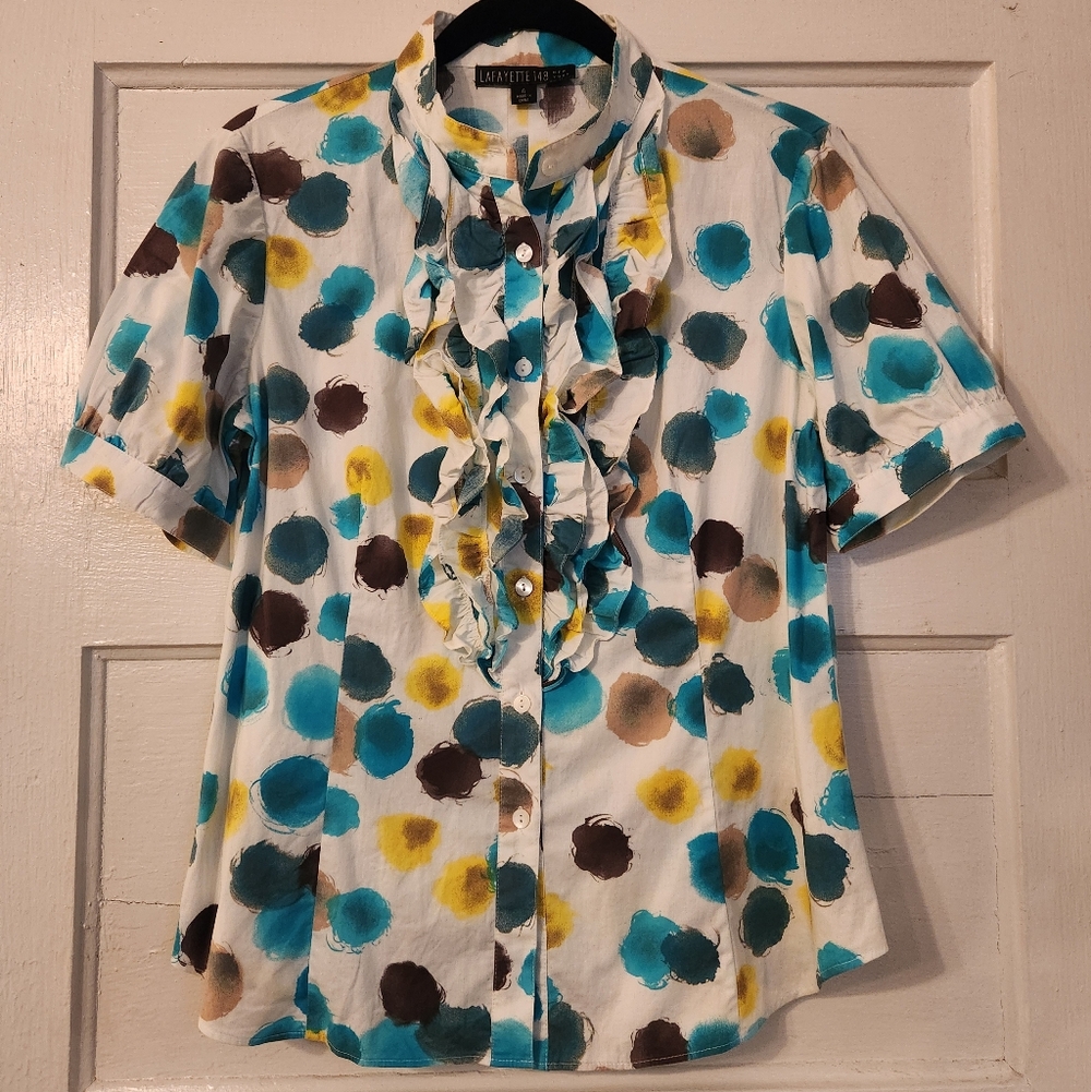 Lafayette 148 Blouse, Button Down, Ruffle Abstract Polka Dot, Cotton, Sz 4, EUC - Picture 1 of 13